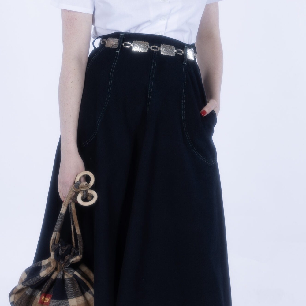 Freddies Of Pinewood Black A-Line Denim Midi Skirt NWOT 30/W